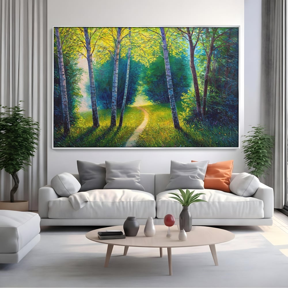 Tablou canvas cu tablou canvas cu alee prin padurea verde, in rama de aluminiu argintiu, pe perete intr-un living